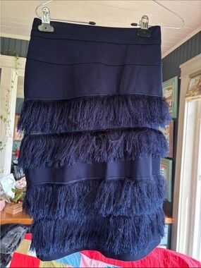 Eva Franco Navy Tiered Fringe Mini Skirt